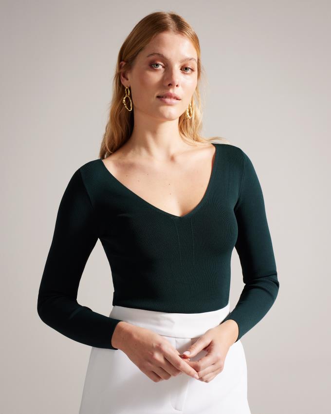 Hauts Ted Baker V Neck Slim Fit Knit Vert Foncé Femme | TUH-98304712